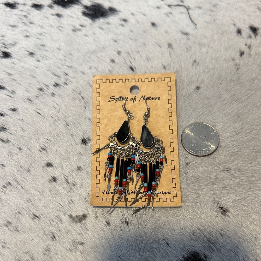 Handcrafted beaded black and Silver Earrings , Southwestern vibe